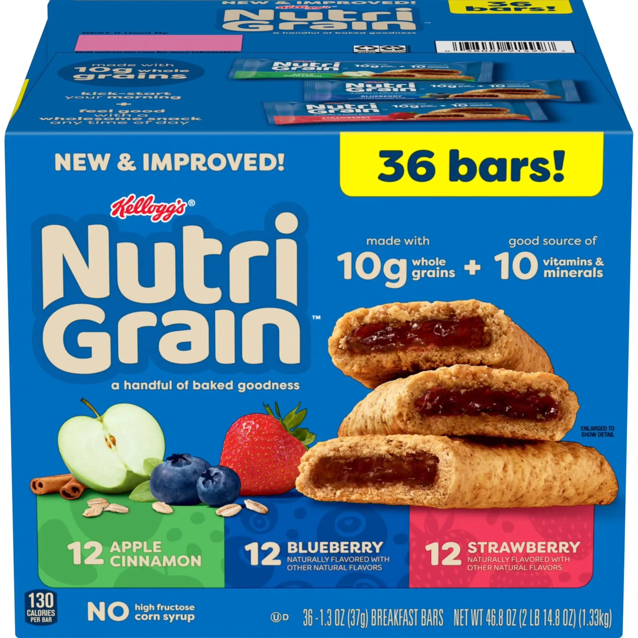 Kellogg's Nutri-Grain Whole Grain Corn Packaged Nutrition Cereal Bars Variety Pack - Strawberry Flavor, 0 Artificial Colors, 1.3 oz Each, 36 Bars