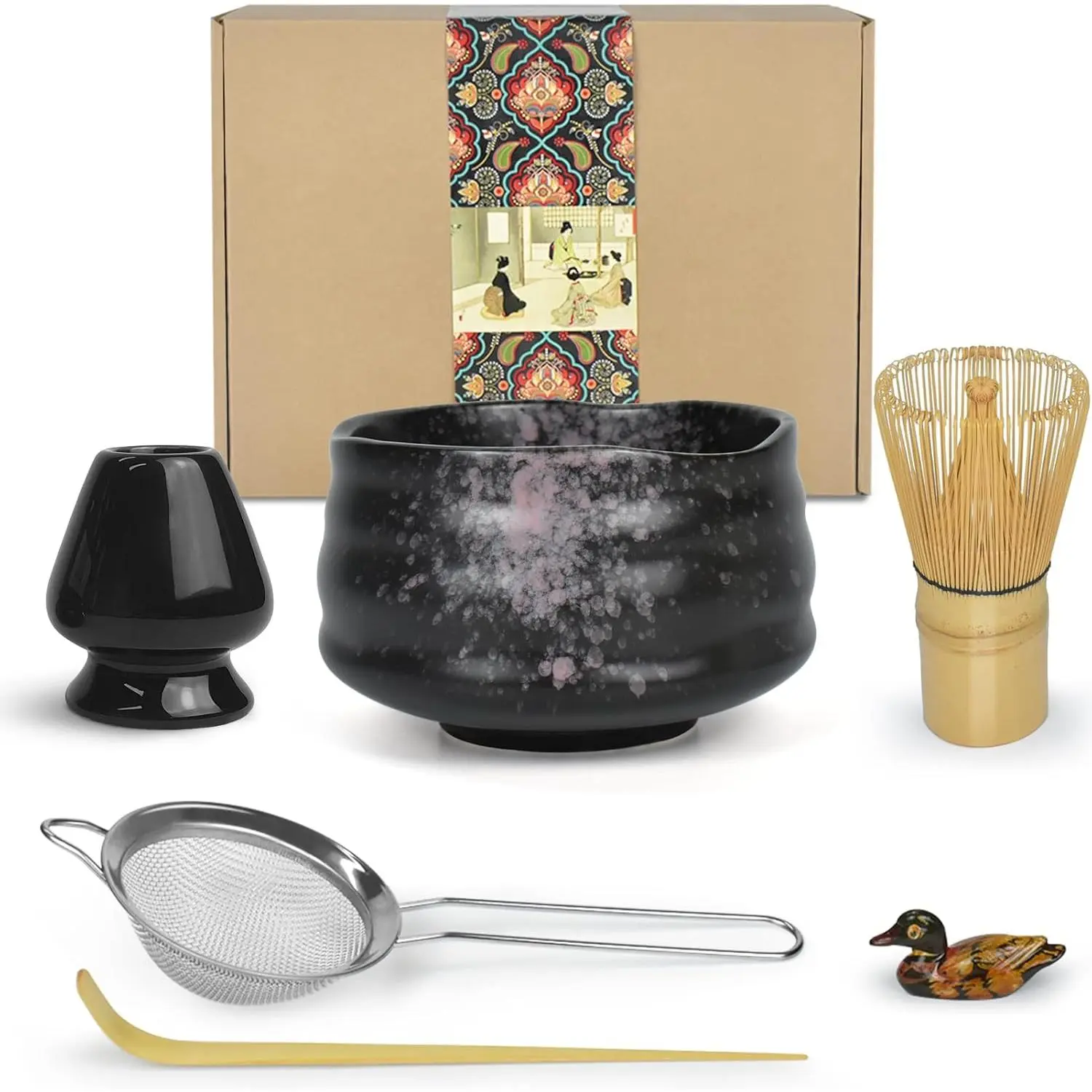 Matcha Ceremony Kit for Japanese Tea Ceremony, Traditional Matcha Bowl, Whisk, Tea Scoop, Matcha Powder Strainer, Matcha Tea Set For Making Usucha, Koicha and Matcha Latte (Black)