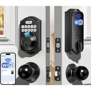 TE012W-K WiFi  Keyless Entry Door Lock with Handle, Fingerprint Door Knob & Digital Keypad, APP Remote Control, Works with Alexa & ,  Deadbolt for Front Door, Matte Black