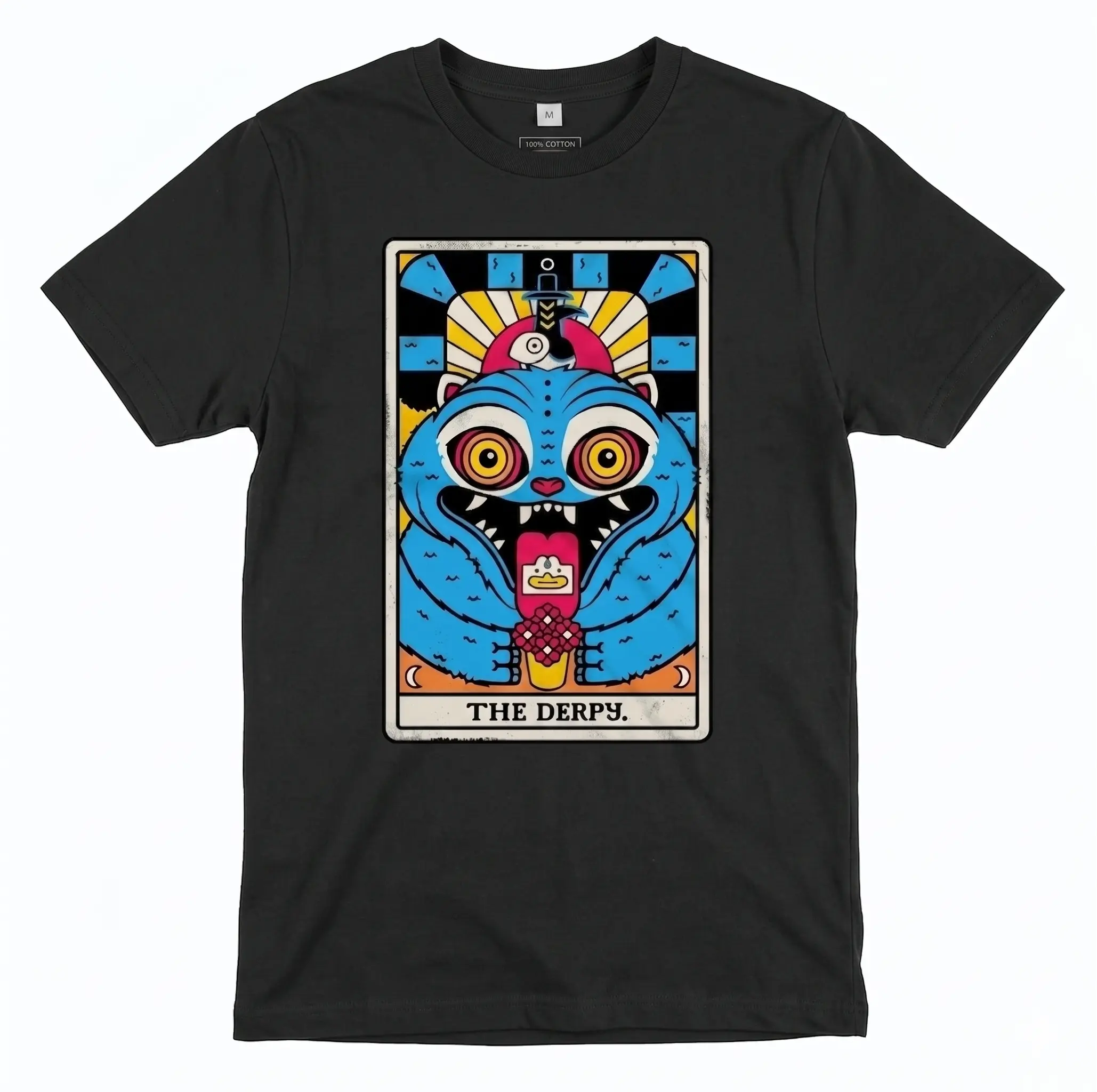 Women’s Black Crew Neck Graphic Tee, The Derpy Tarot Style Shirt, Colorful Blue Monster Cartoon Print Short Sleeve Top, Funny Weird Art Casual Streetwear T-Shirt