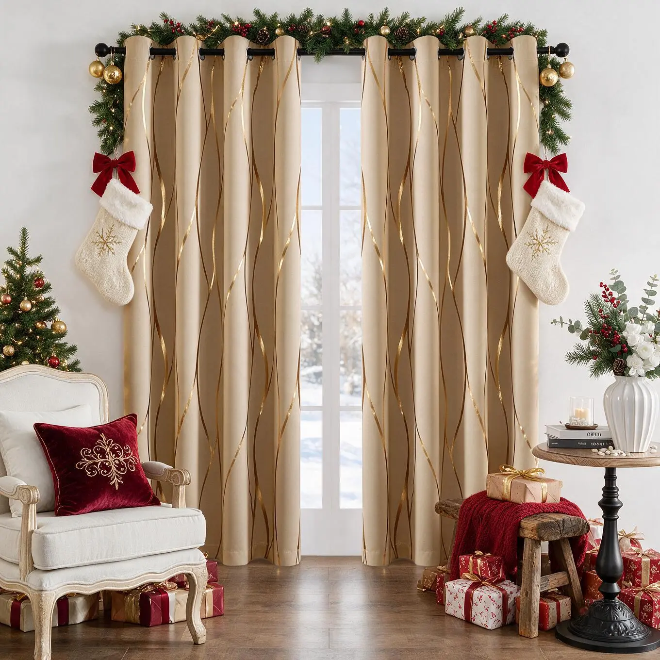 2pcs Set Of Gold-plated Wavy Texture Curtains with Perforated Hanging On The Top, Insulated And Noise Reducing to Protect Room Privacy, Suitable for Dining Rooms, Study Rooms, Outdoor Balconies