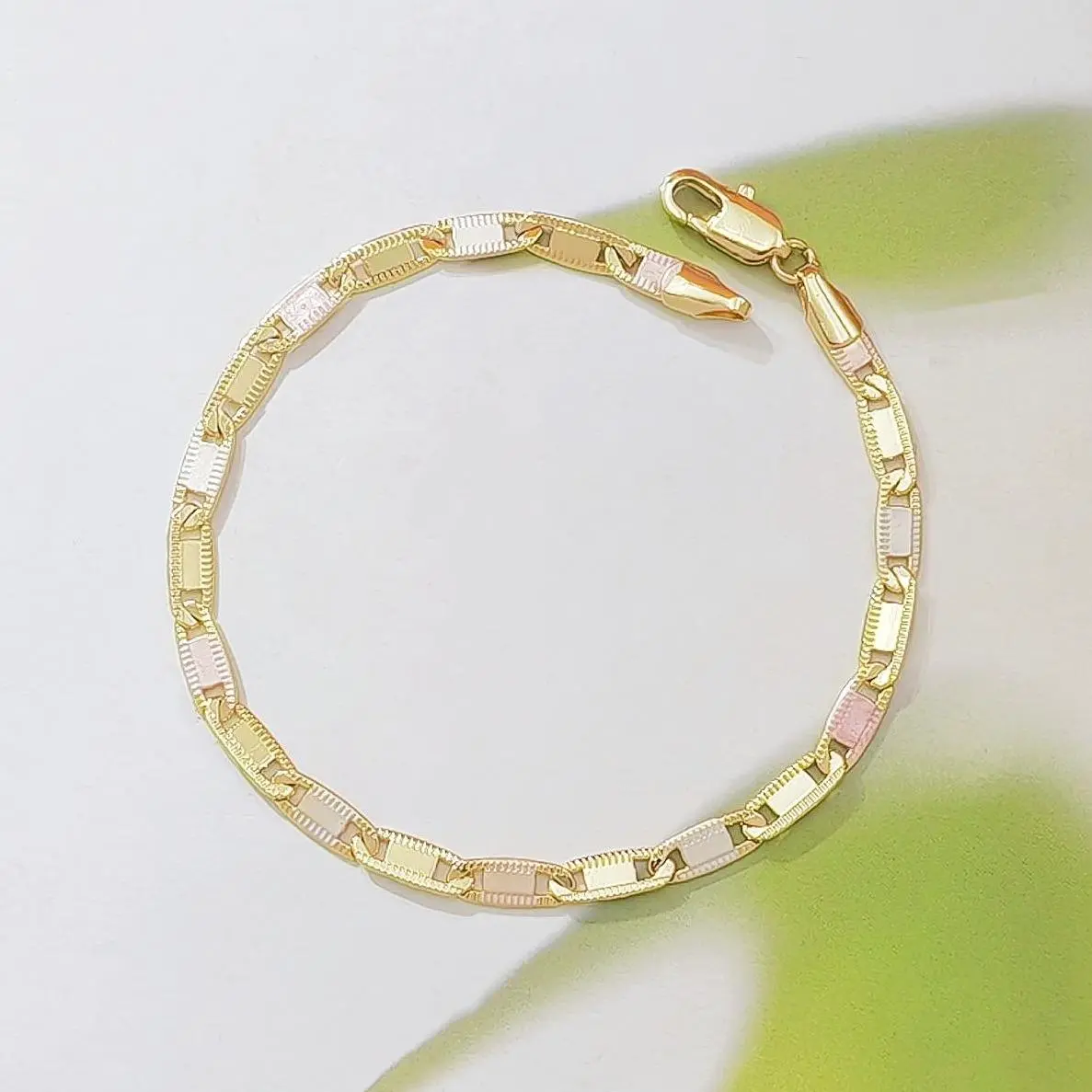 Tri-Color Gold Plated Flat Link Chain Bracelet for Women, Dainty Three Tone Valentino Link Jewelry Gift for Birthday Christmas Anniversary