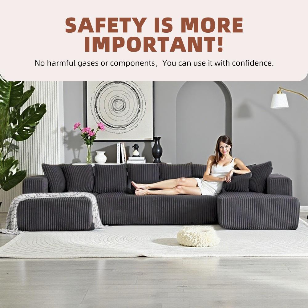 【3 Packages shipping】132" Oversized U-Shaped Cloud Sectional Sofa, Includes Chaise Lounge + Recliner + 6 Pillows, Plush Corduroy Fabric, Boneless Comfort Style, Stylish Furniture for Living Room/Bedroom Modular