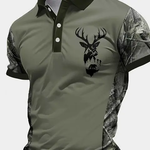 Men's Golf Polo with Camouflage Deer Print, Quick-Drying Short Sleeve Athletic Top for Hiking and Hunting, Athletic Sports Clothing, Casual Sportswear