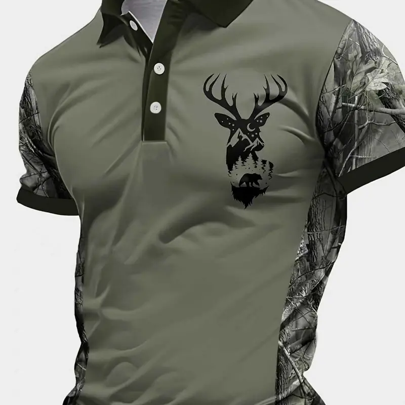 Men's Golf Polo with Camouflage Deer Print, Quick-Drying Short Sleeve Athletic Top for Hiking and Hunting, Athletic Sports Clothing, Casual Sportswear