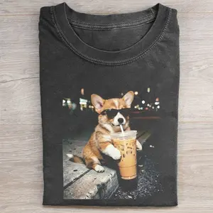 Comfort Colors Funny Corgi Drinking Iced Coffee T-shirt, Vintage 90s Edgy Dog Meme Tee, Unisex Fit Design, Casual Streetwear, Gift for Dog Lovers