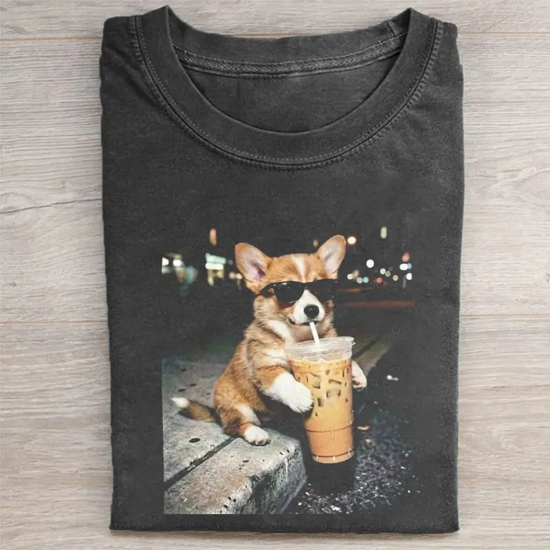 Comfort Colors Funny Corgi Drinking Iced Coffee T-shirt, Vintage 90s Edgy Dog Meme Tee, Unisex Fit Design, Casual Streetwear, Gift for Dog Lovers