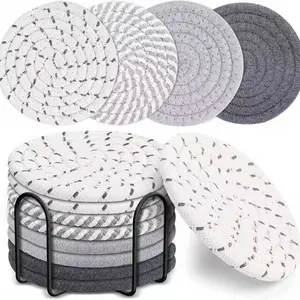 8-piece set of drink coasters with stands, absorbent coasters, simple cotton woven coaster set, suitable for living room decoration, outdoor camping, table protection, suitable for various cups, 4.3inch