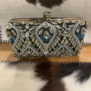 Elegant Purse with Rhinestones and Gold Trim, Black and Blue Design, Perfect for Special Occasions