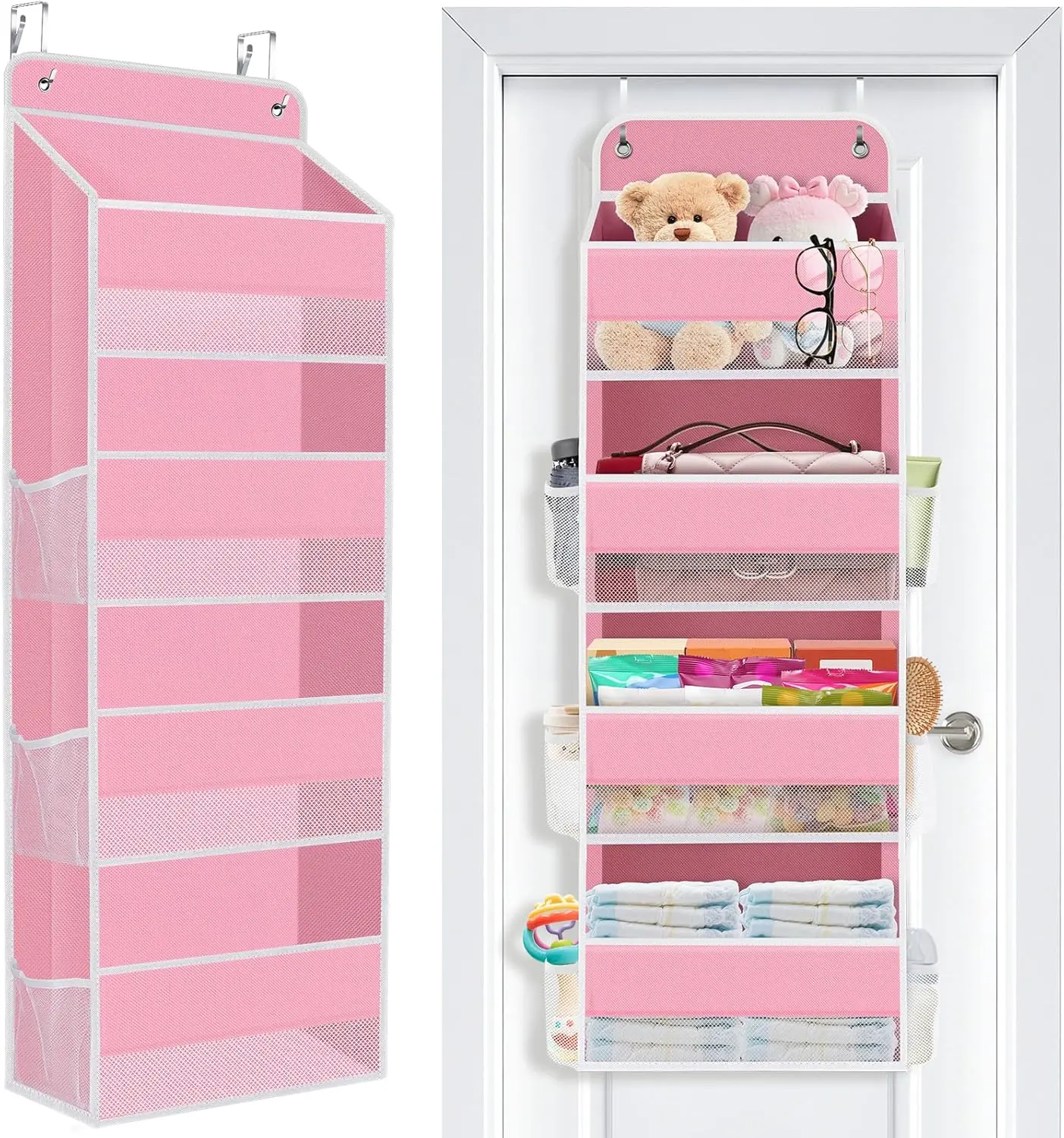 Hangable Fabric Over the Door Organizer with 4 Large Breathable Compartments, 40lb Capacity Modern Storage Bag, Space-Saving for Nursery & Bathroom - Baby Essentials & Toiletry Organizer (Pink)