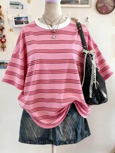 Ladies Y2K Pink Stripe Loose Fit Tee, Retro Crew Neck Short Sleeve Shirt for Summer Outings & Casual Looks