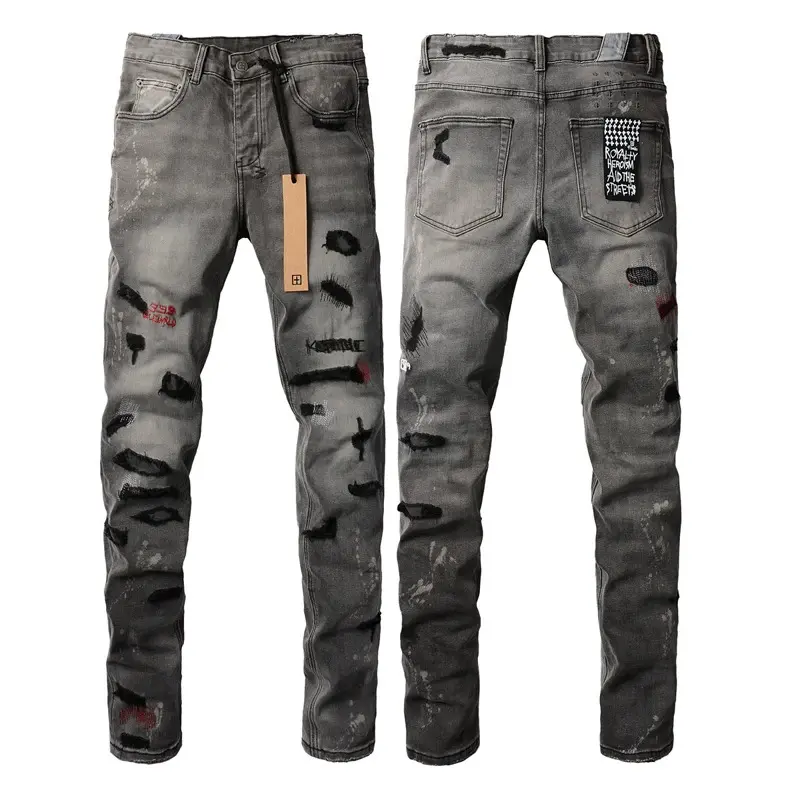 Style New Ripped Hole Design High Quality Embroidery Logo Casual Slim-fit Pants Jean Denim