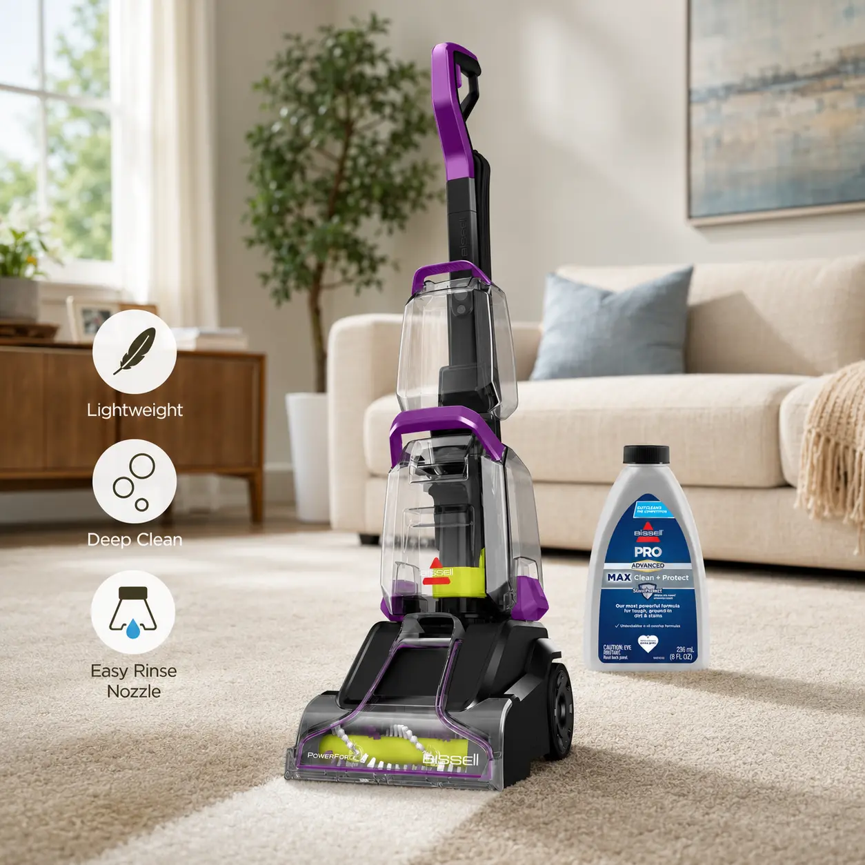 BISSELL PowerForce PowerBrush Upright Carpet Cleaner, Lightweight Carpet Shampooer Under 13 lbs with 4-Row DeepReach PowerBrush Roll & Trial Formula