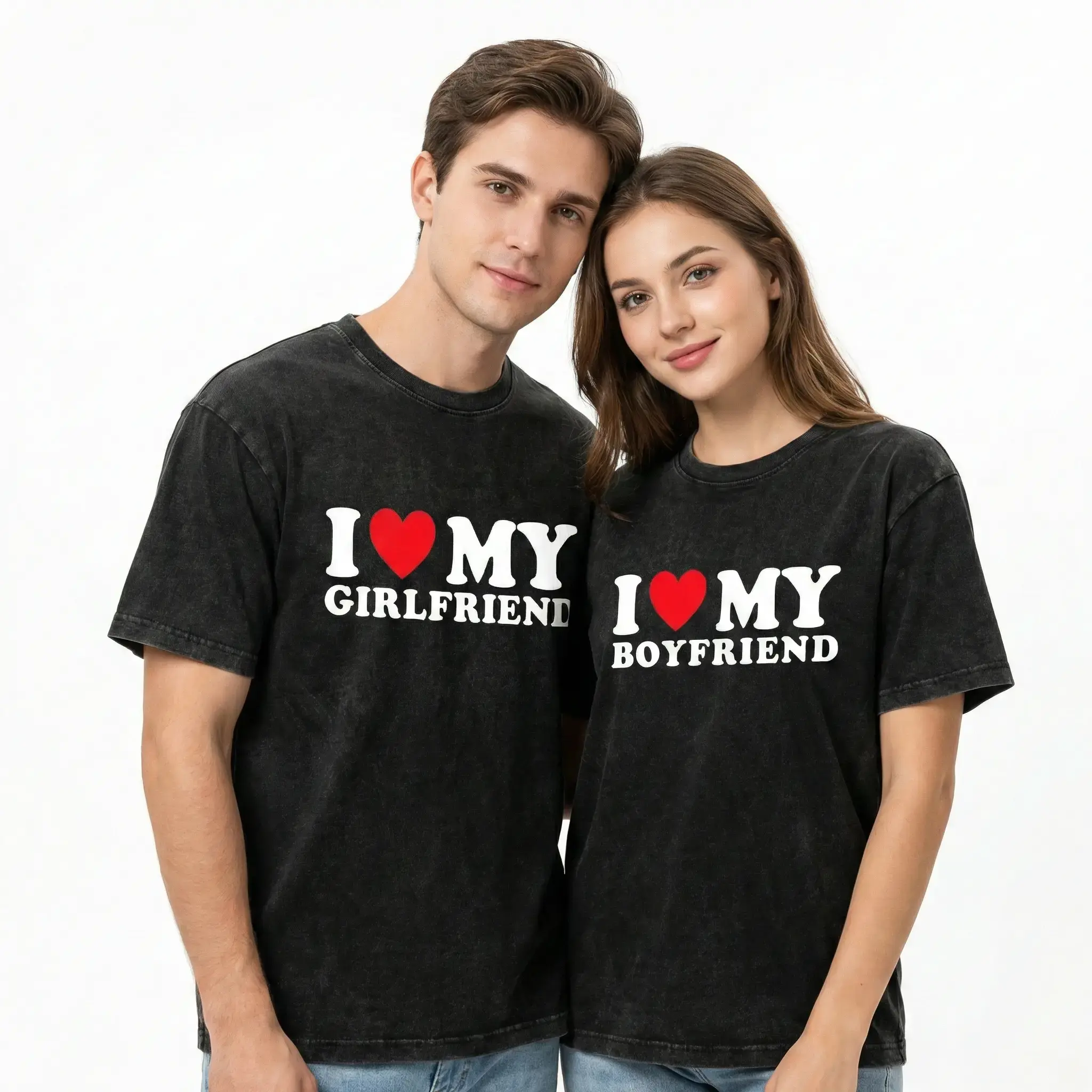 Vintage Washed I Heart My Boyfriend Girlfriend T-Shirt,Oversized Heavyweight Cotton Graphic Tee,Retro Y2K Streetwear Matching Couple Shirt,Aesthetic Anniversary Valentine's Day Gift for Him Her