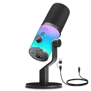 USB/XLR Dynamic Microphone for Podcast Recording, PC Computer Gaming Streaming Mic with RGB Light, Mute Button, Headphones Jack, Desktop Stand, Vocal Mic for Singing YouTube-AmpliGame