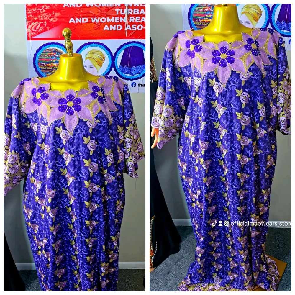 Women's Ready-to-Wear African Boubou Gown - Basic Long-Sleeve Lace Dress, Simple Fit, Free Size, 59in Length with Scarf, Casual Womenswear
