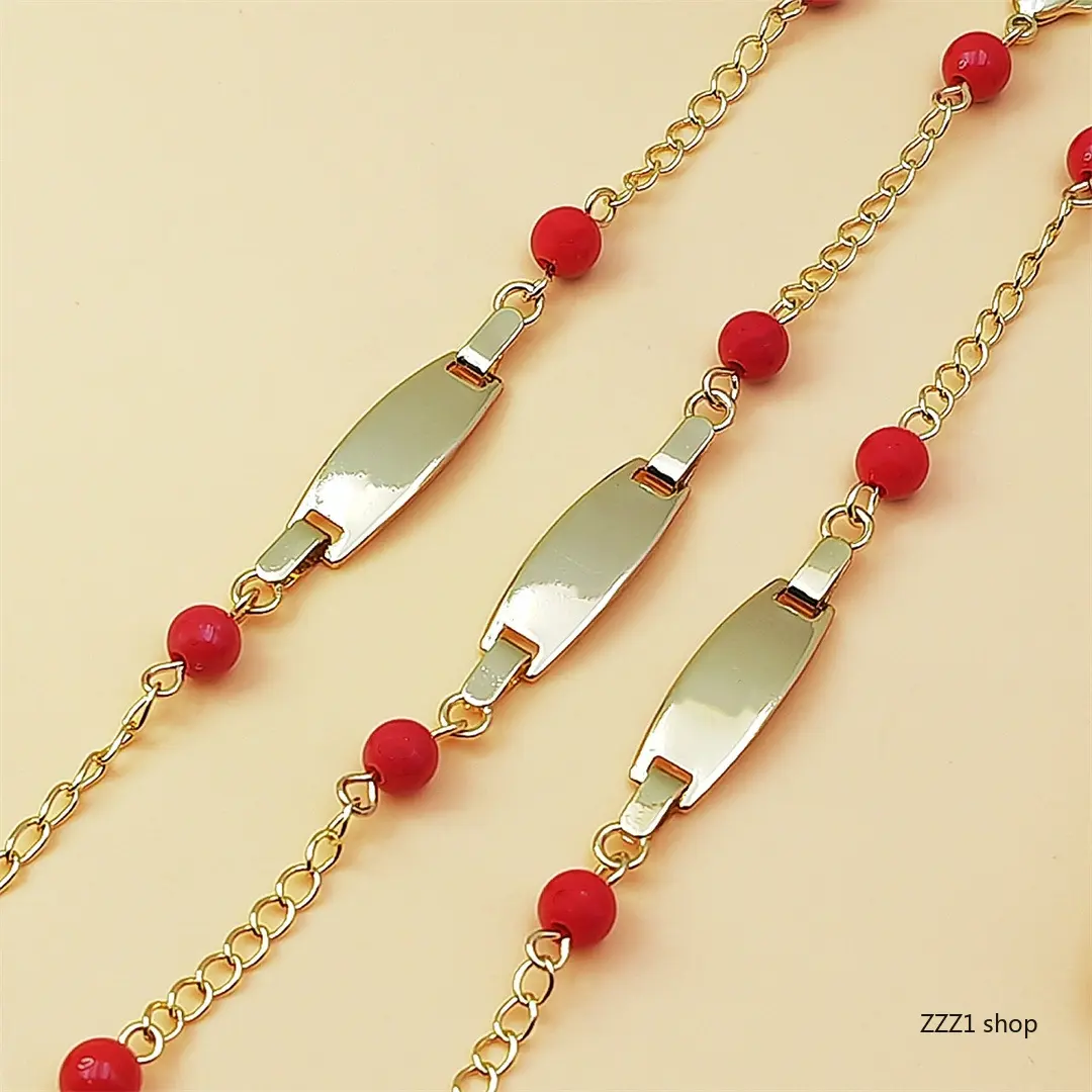 Women's Gold ID Bar Sporty Wristband Adjustable Bangle - Red Agate Beads, Polished Engraving Plate, Gold Bangle Bracelets, Lucky Gift for Protection Blessing
