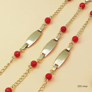 Women's Gold ID Bar Sporty Sports Wristband, Red Agate Beaded Link Chain, Polished Engraving Plate, Adjustable Elegant Wrist Jewelry for Lucky Protection Blessing Gift, Sporty Sports Wristbands