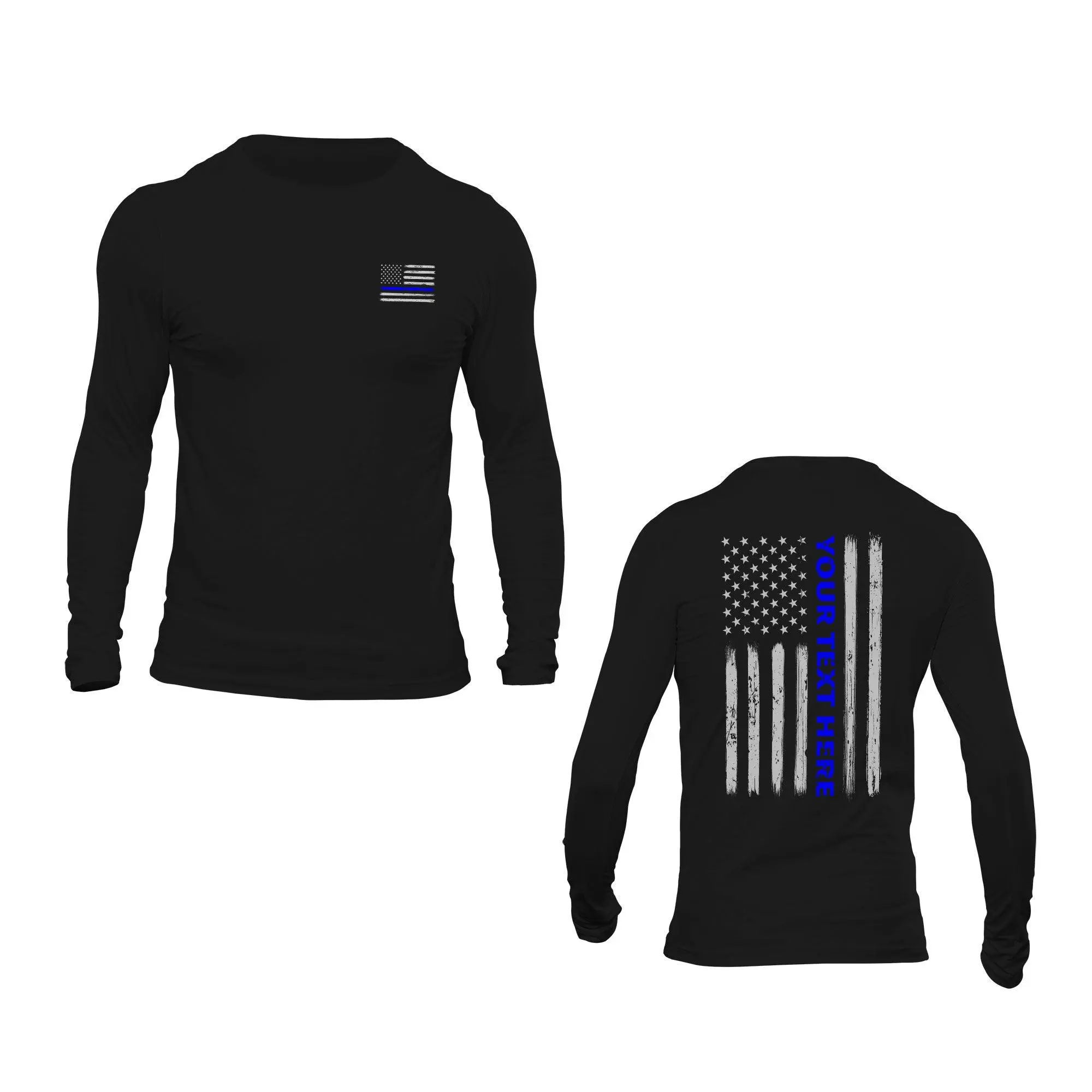 Custom Text Personalized Police Thin Blue Line Flag Long Sleeve T-Shirt Casual Classic Crewneck Soft