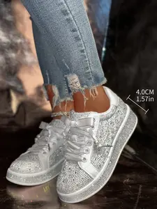 Women's Summer Luxurious Rhinestone Sneakers, Ribbon Pearl Decoration, Sweet Cool Style, Casual PU Leather Shoes, All Seasons