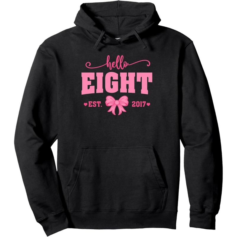 Women's Hello Eight Est 2017 Coquette Bow Graphic Hoodie - Cotton Blend Black Long Sleeve Pullover Regular Fit | Soft & Breathable Fabric, Durable Print, Everyday Comfort, Machine Washable, cute and festive birthday celebration