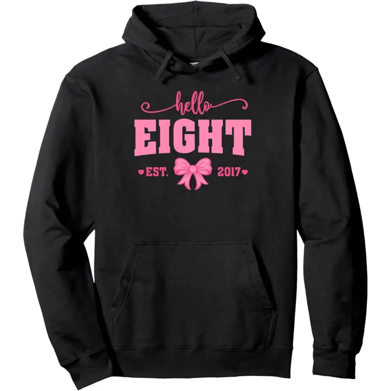 Women's Hello Eight Est 2017 Coquette Bow Graphic Hoodie - Cotton Blend Black Long Sleeve Pullover Regular Fit | Soft & Breathable Fabric, Durable Print, Everyday Comfort, Machine Washable, cute and festive birthday celebration