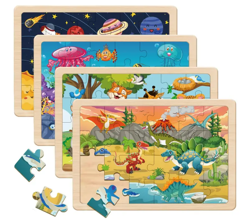24-Piece Wooden Jigsaw Puzzles for Kids Ages 3-5 (4 Pack) – Educational Preschool Learning Toys & Gifts for 3, 4, 5, 6 Year Old Boys and Girls