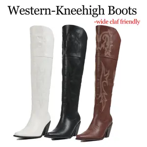 Knee High Boots for Women Pointed Toe Chunky Cork Heel Knight Boots Vintage Embroidery Cowgirl Over The Knee Boots