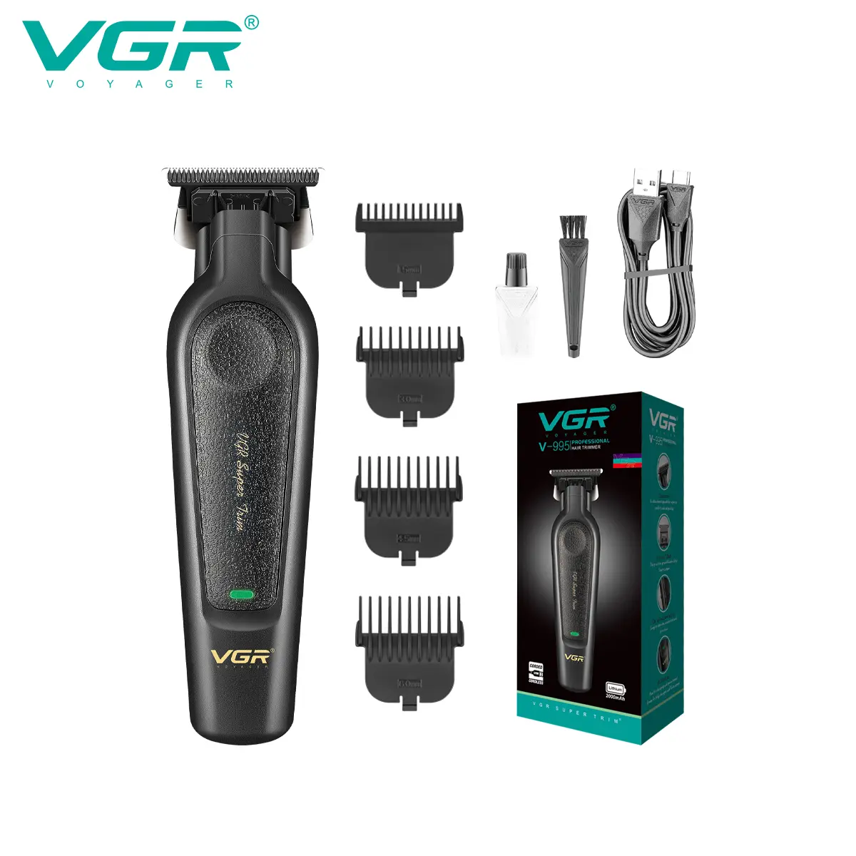 VGR 995 Professional Men's Hair Trimmer - 0-Gapped Outliner Barber Edgers, Lightweight Adjustable Barber Equipment, Portable Cordless Beard Clipper with 4 Guide Combs, USB Rechargeable