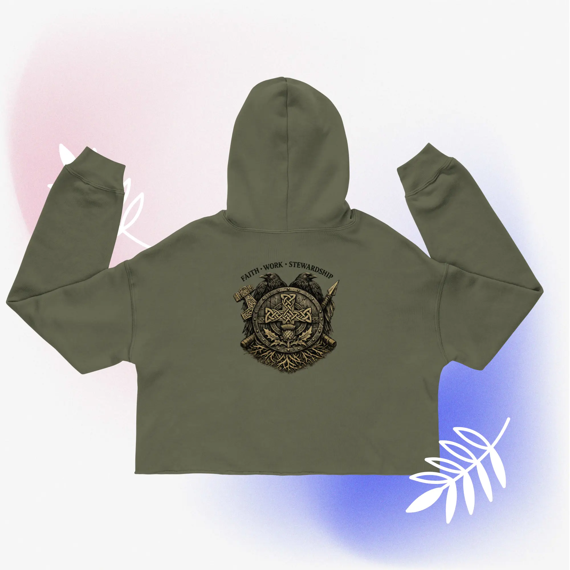 Shield of Faith & Stewardship Women's Cropped Hoodie - Modern Fit, street wear, fashion sport, Soft Fleece, Dropped Shoulders, Raw Hem, 52% Cotton 48% Poly Fleece