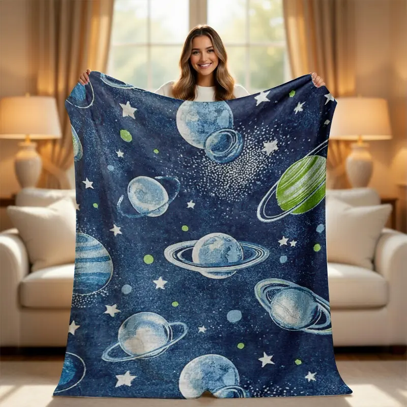 Outer Space Planets Solar System Throw Blanket - Celestial, Cozy Spacer, Space-Themed Graphic Design, Soft Glowy Green Stars Bedding, Bedroom Universe Galaxy Decor, Science Educational Gift, Celestial Blankets, Cozy Spacer Blankets
