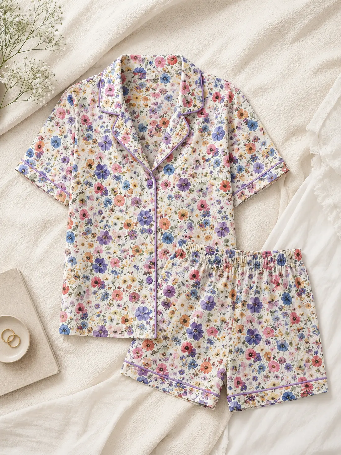 Flower Wedding Pajamas, Bridesmaid Floral Sleepwear, Personalized Bridal Party Gift, Cute Wildflower Pajama Set for Women, Floral Satin Sleepwear, Summer Pajamas, Soft Matching PJ Set, Birthday Gift for Her