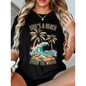Women's Tropical Beach Summer Vacation Crew Neck Short Sleeve T-Shirt 100% Cotton 2587