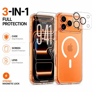 3-in-1 Magnetic Clear Case Compatible with iPhone 17/16/15/14/13 Pro Max Plus, Anti-Yellowing Shockproof Phone Cover with Screen Protector & Camera Lens Protector, MagSafe Compatible