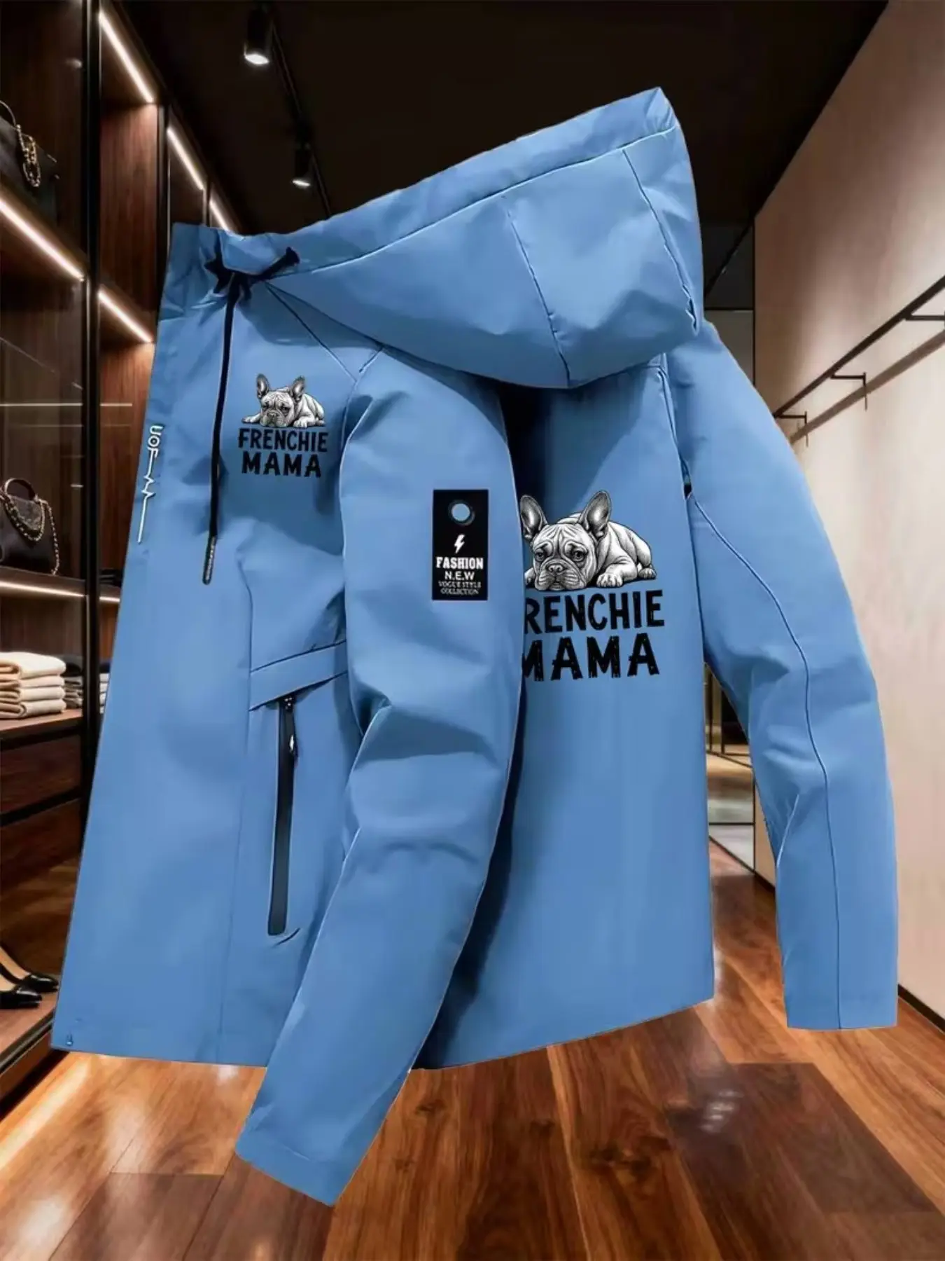 Men's Fashion Zipper Jacket, French Bulldog Print Casual Outerwear, Warm Windproof Top, Trendy Animal Theme Youth Layering