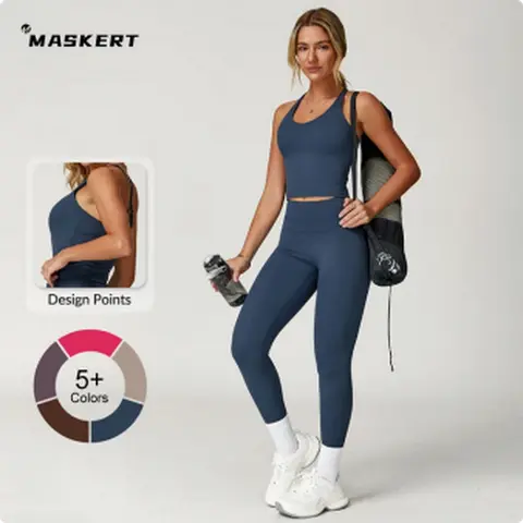 MASKERT Women's 2-Piece Athleisure Set, Nylon Blend Sleeveless Sports Tank Top & High-Stretch Tummy Control Leggings, Female Women's Clothes for Workout, Running Yoga Gym Daily Wear