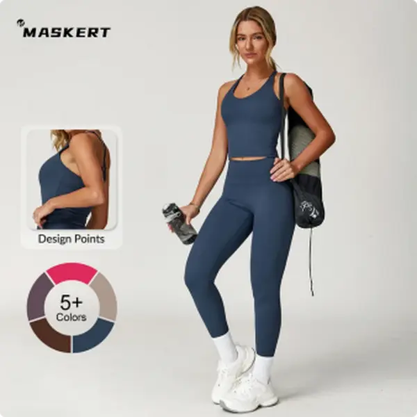 MASKERT Women's 2-Piece Athleisure Set, Nylon Blend Sleeveless Sports Tank Top & High-Stretch Tummy Control Leggings, Female Women's Clothes for Workout, Running Yoga Gym Daily Wear