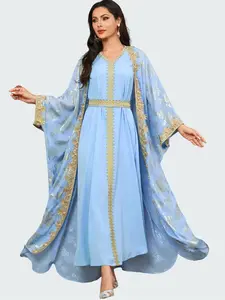 Arabic Clothing-floral Print Embroidered Abaya & Belted Long Dress Set, Casual Elegant Modesty Islamic Set for Daily Wear, Women's Islamic Maxi Clothing for Spring & Fall, Formal Dresses, Modest Muslim Outfits, Modest Muslim Clothing