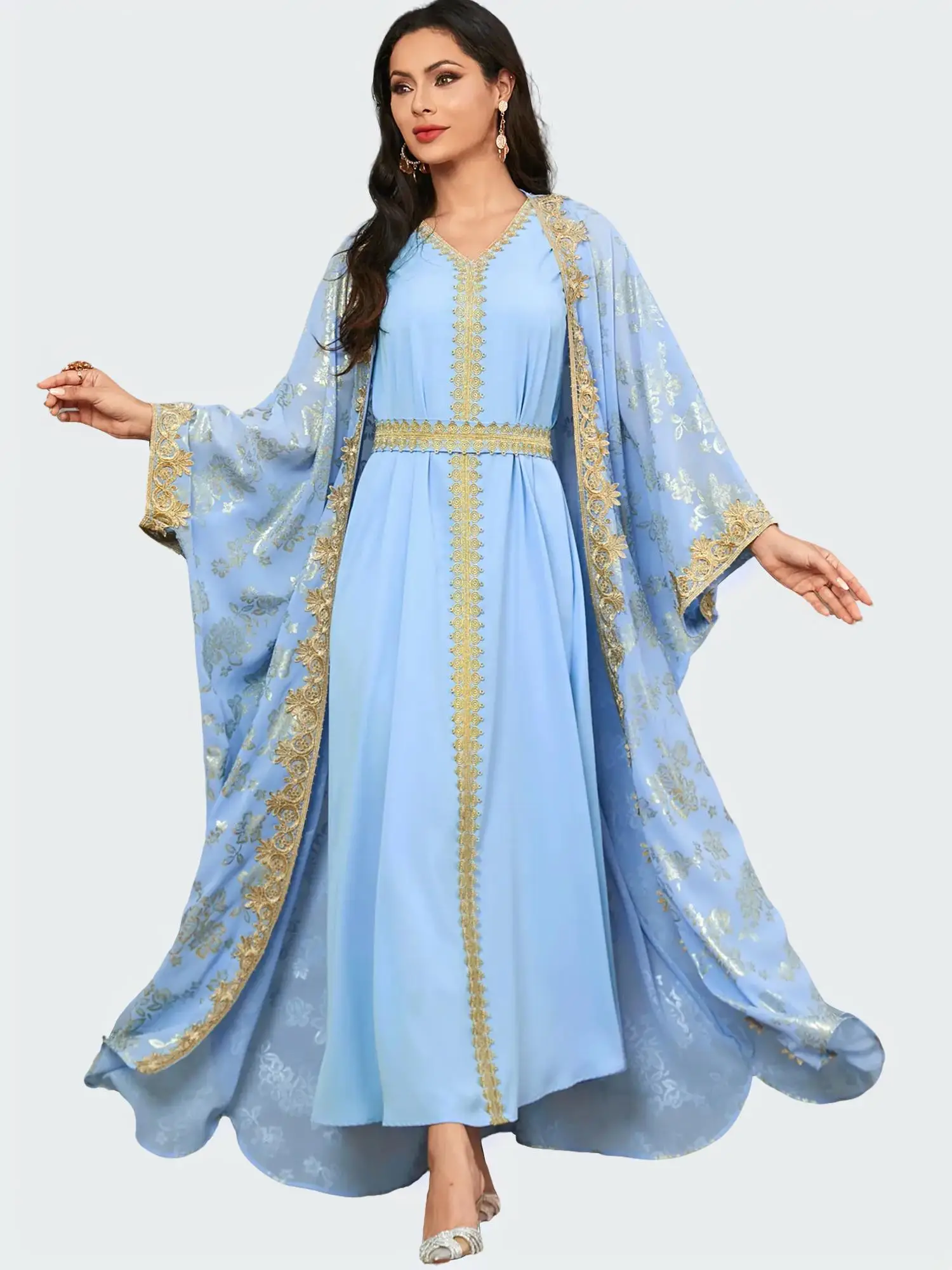 Arabic Clothing-floral Print Embroidered Abaya & Belted Long Dress Set, Casual Elegant Modesty Islamic Set for Daily Wear, Women's Islamic Maxi Clothi