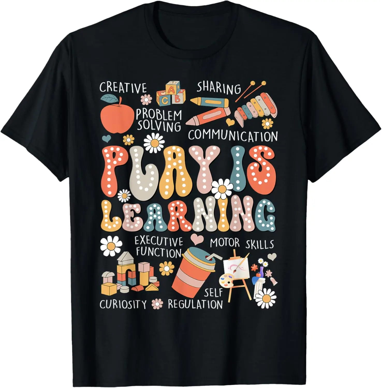 Women's Graphic T-Shirt, Vintage 100% Cotton Tee with 'Play Is Learning' Funny Print for Teachers, Casual Short Sleeve Round Neck Top, Tshirt