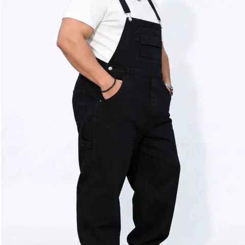 Men's Plus Size Big and Tall Black Denim Cargo Bib Overalls - Baggy Loose Fit Heavy Duty Workwear Coveralls, Thick Plain Cotton Utility Jumpsuit Pants with Adjustable Buckle Straps, Cold Wash Fabric, All Seasons Casual Work Wear