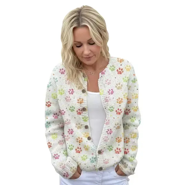 Women's 3D Colorful Paw Print Cardigan Lightweight Crew Neck Sweater Stylish Knit Fabric with Buttons Polyester Fashion Knitwear for All Seasons - Womenswear