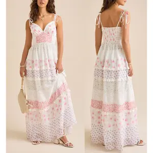 Women Floral Tie Shoulder Dress Deep V Neck Spaghetti Strap Backless A-line Layered Ruffled Long Dress