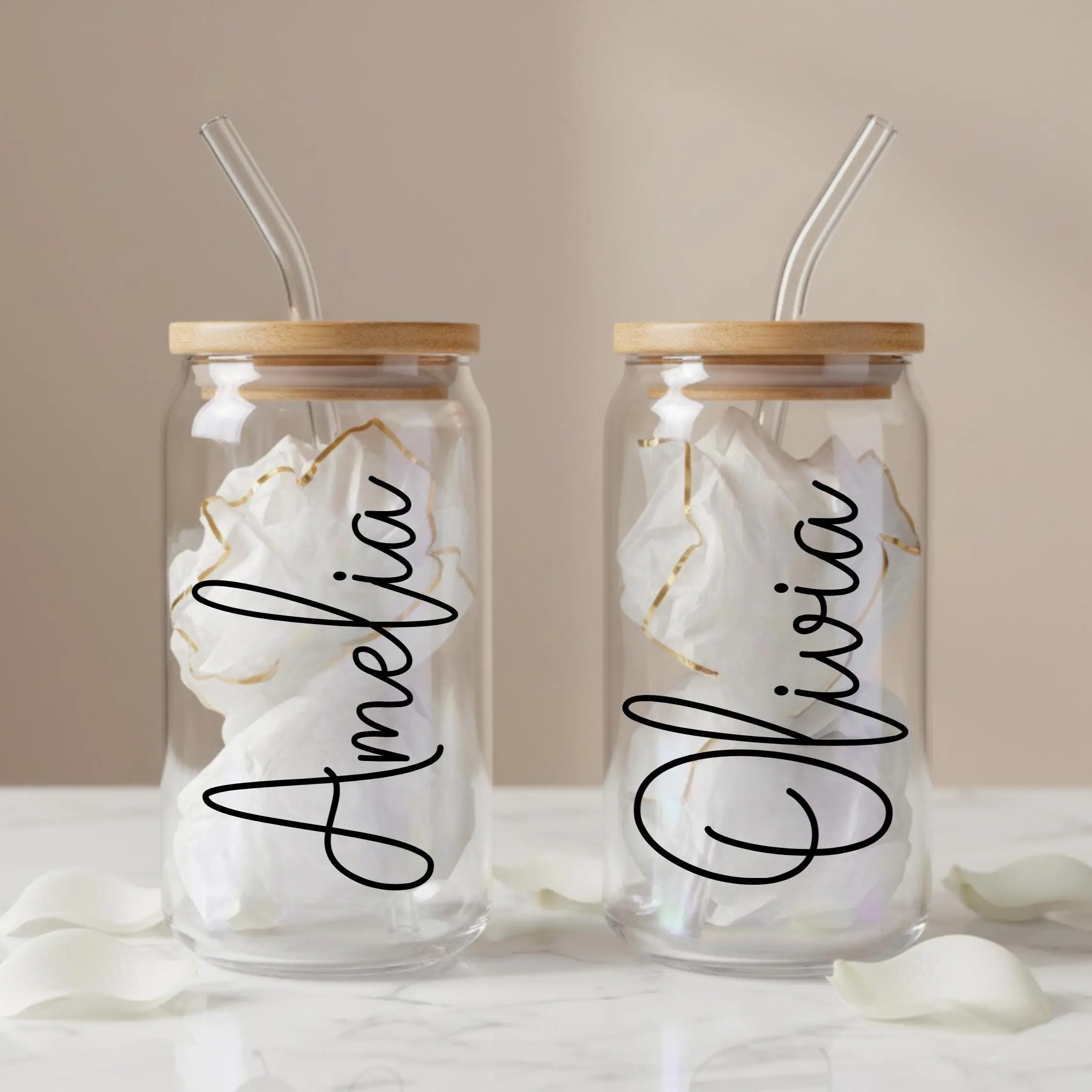 Personalized Glass Tumbler Custom Name Bridesmaid Gift Wedding Party Favor Bachelorette Cup Clear Glass Drinkware Bamboo Lid Straw Christmas