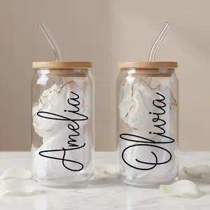 Personalized Glass Tumbler Custom Name Bridesmaid Gift Wedding Party Favor Bachelorette Cup Clear Glass Drinkware Bamboo Lid Straw Christmas