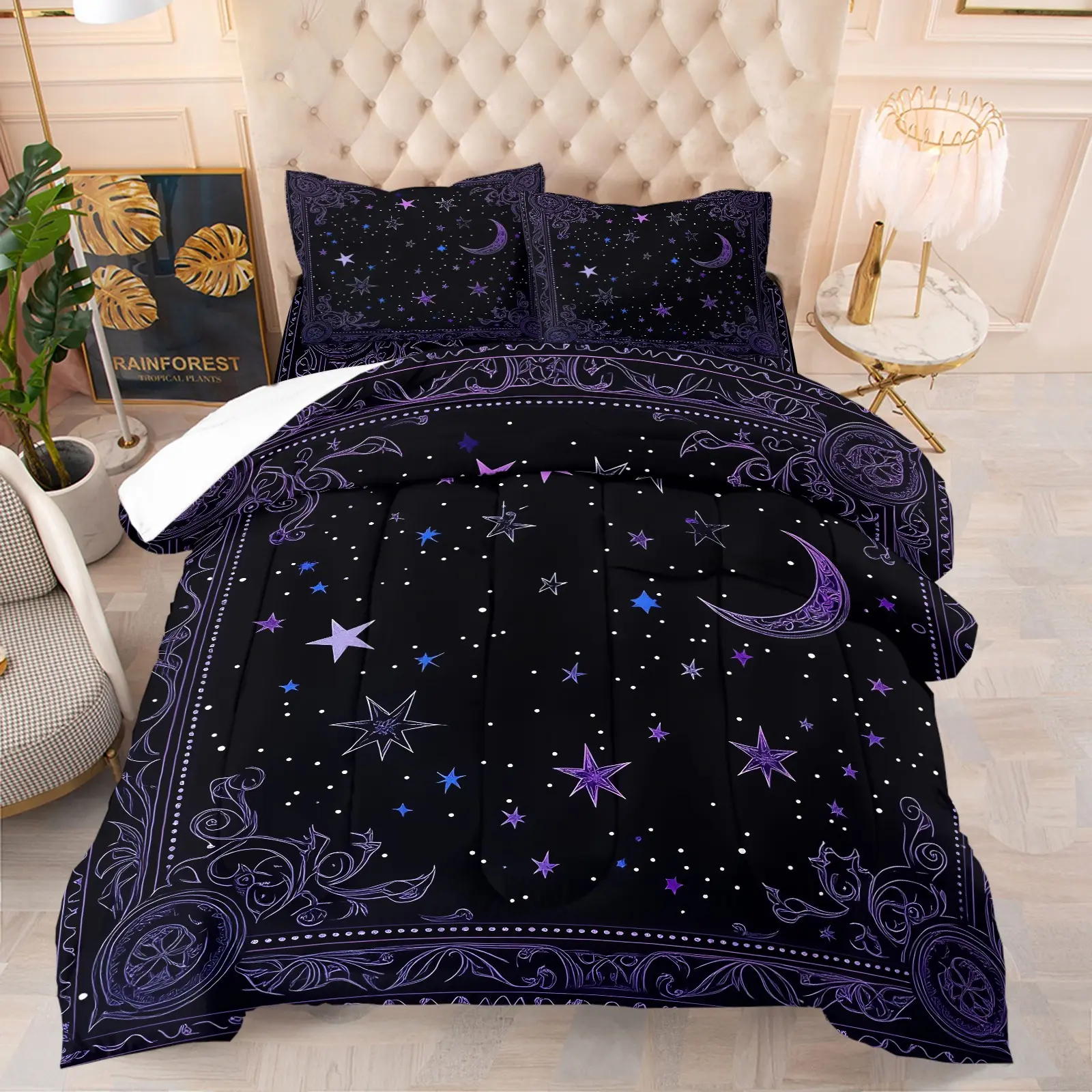 Mystical Purple Moon & Star Comforter Set, Soft Breathable Gothic Night Sky Bedding, 1 Quilt + 1/2 Pillowcases, Unique Witchy Gift Quilt for Bedroom, Dorm & Guest Room, Twin/Full/Queen Size