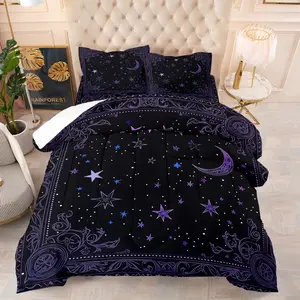 Mystical Purple Moon & Star Comforter Set, Soft Breathable Gothic Night Sky Bedding, 1 Quilt + 1/2 Pillowcases, Unique Witchy Gift Quilt for Bedroom, Dorm & Guest Room, Twin/Full/Queen Size
