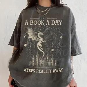 Comfort Colors A Book A Day Keeps Reality Away Vintage T-shirt Dragon Fantasy Graphic Tee Gothic Grunge Castle Top Reader Gift