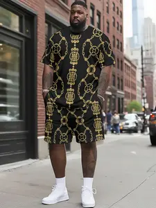 Men's Plus Size Gold Gear Print Sportswear Set, Polyester Material, Summer Sports, Party Travel Gift, Large Sizes