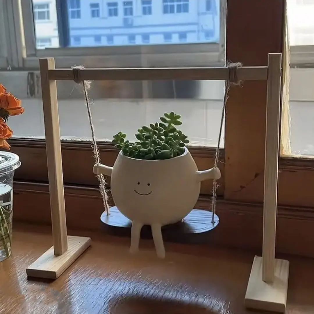 Creative Hanging Swing Flower Pot, Smiley Face Outdoor Garden Decor, Living Room Tabletop Ornament, Courtyard Decoration, Cute Plant Pots